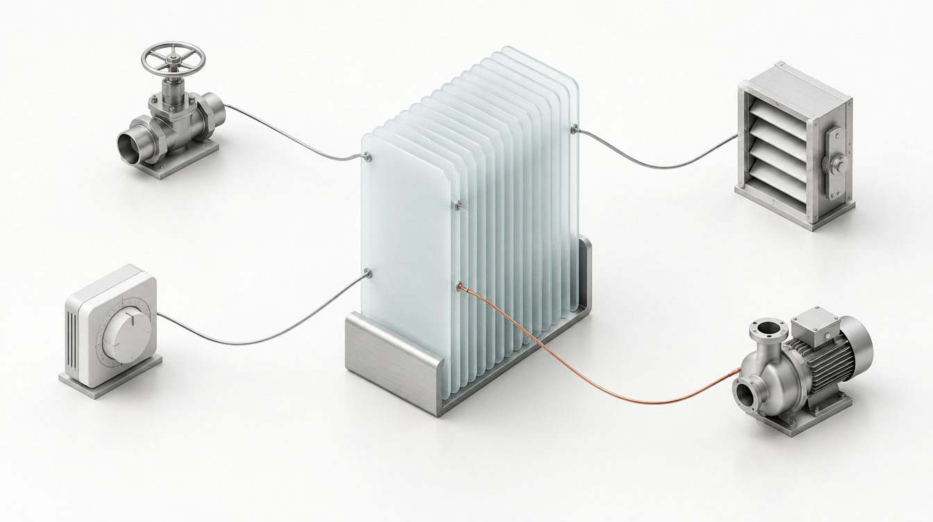 Ein Stapel gl&auml;serner Karten in einem Silberregal, F&auml;den f&uuml;hren zu Ventil, Thermostat, Klappe und Pumpe