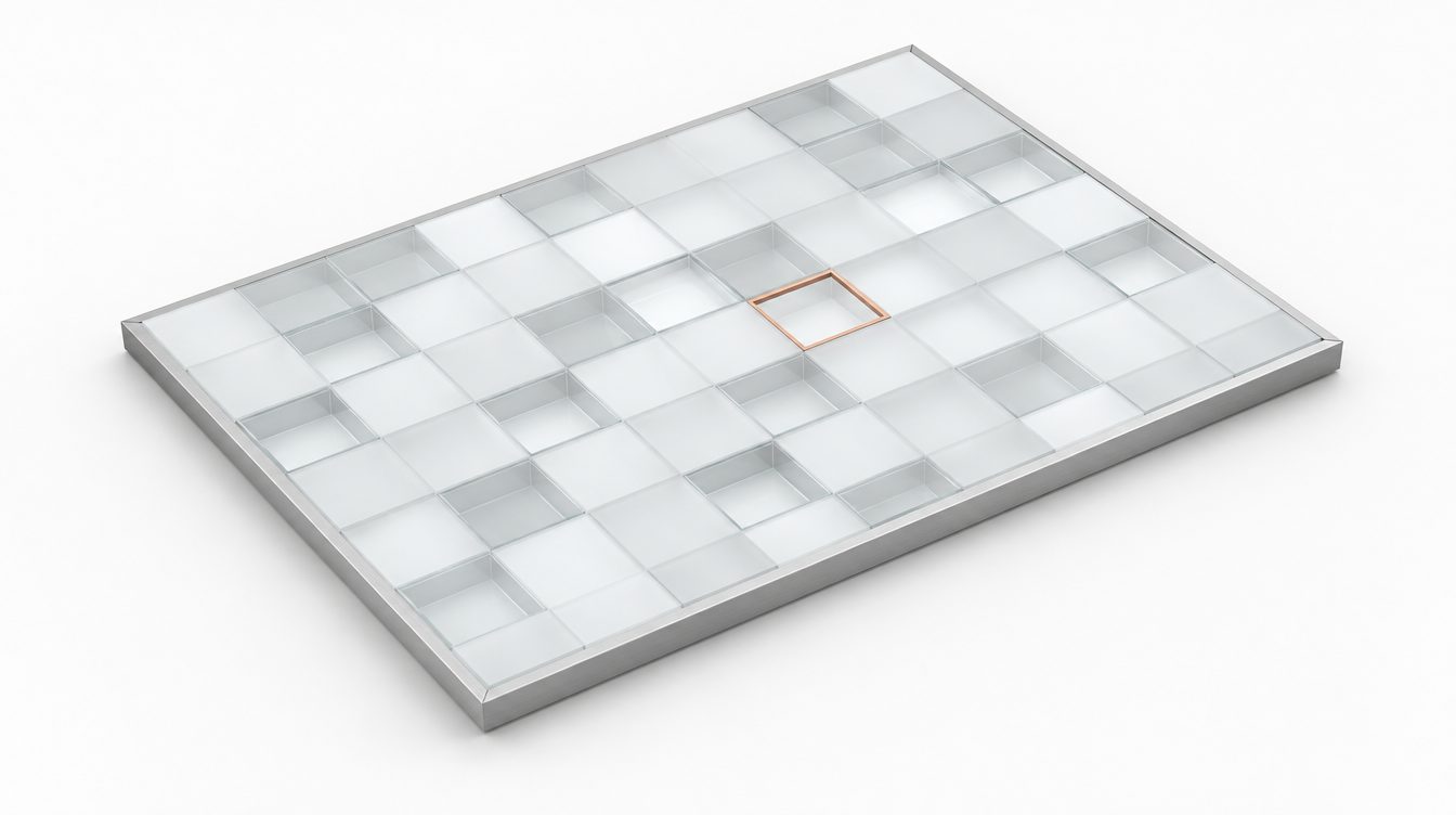 Eine gl&auml;serne Rastermatrix mit gef&uuml;llten und leeren Zellen, eine kupfern umrandet