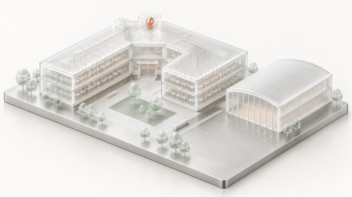 Glasmodell einer Schule mit Hof und Sporthalle, auf dem Dach ein Steuerw&uuml;rfel mit Kupferlicht