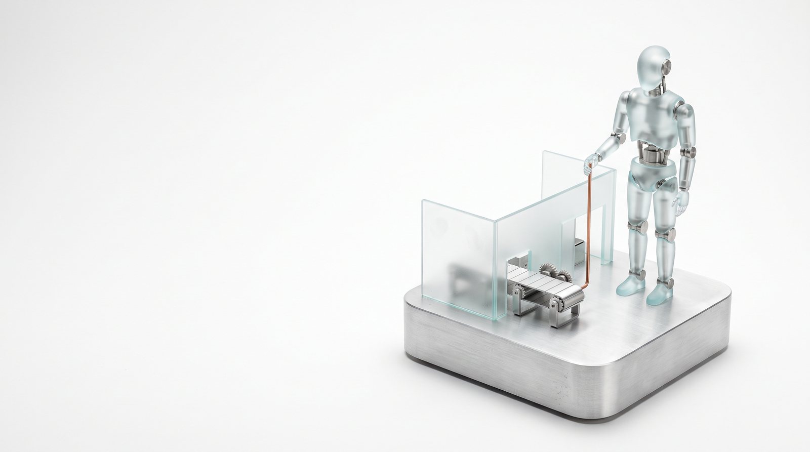 Ein humanoider Roboter aus Glas und Silber steht in einem Modell einer Fertigungshalle, Gelenke kupfern